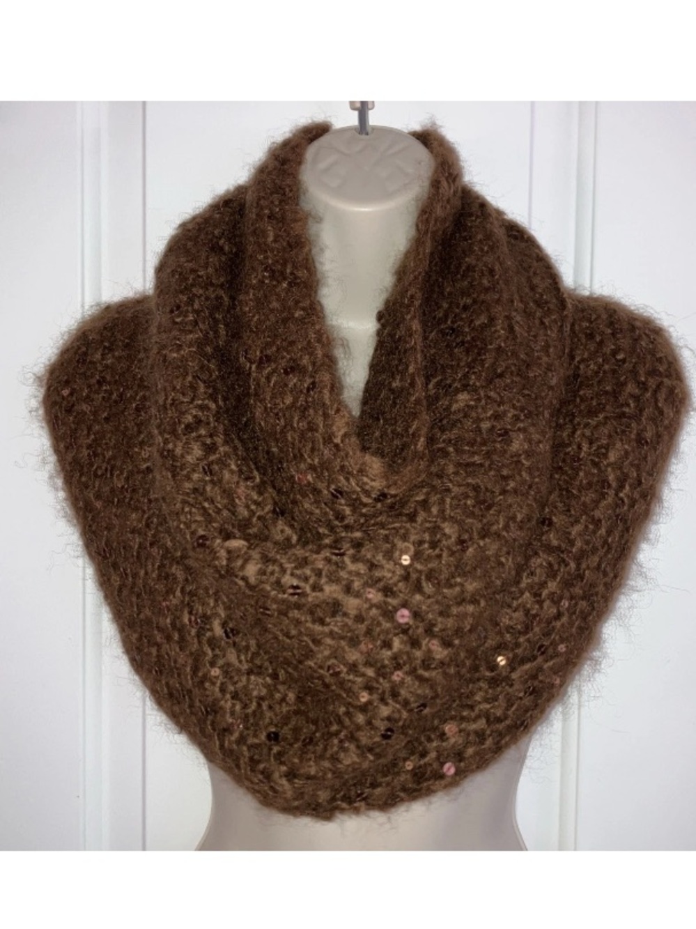 Eileen Fisher Brown Bronze Infinity Mohair Dream Sequins Knit Scarf Luxury Wrap